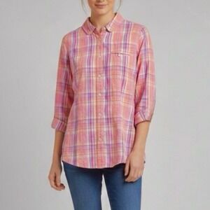 LL Bean Pink Plaid Seersucker Button Up 3/4 Sleeve Shirt Size SMALL